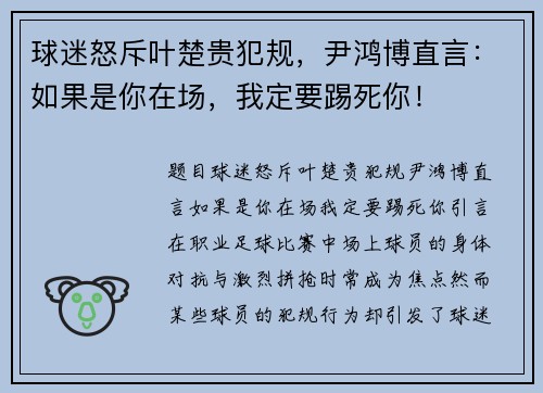 球迷怒斥叶楚贵犯规，尹鸿博直言：如果是你在场，我定要踢死你！