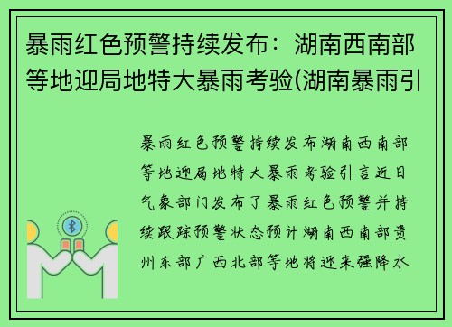 暴雨红色预警持续发布：湖南西南部等地迎局地特大暴雨考验(湖南暴雨引发洪水)