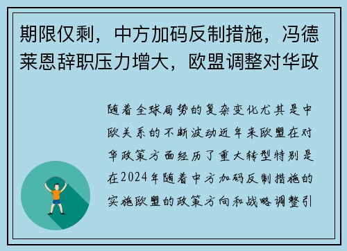 期限仅剩，中方加码反制措施，冯德莱恩辞职压力增大，欧盟调整对华政策