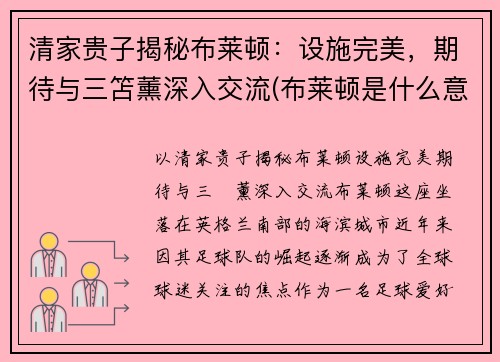 清家贵子揭秘布莱顿：设施完美，期待与三笘薰深入交流(布莱顿是什么意思)
