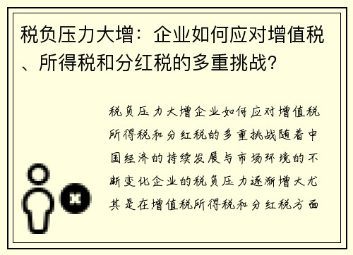 税负压力大增：企业如何应对增值税、所得税和分红税的多重挑战？