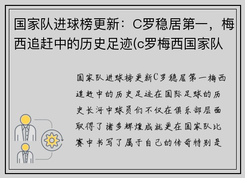 国家队进球榜更新：C罗稳居第一，梅西追赶中的历史足迹(c罗梅西国家队进球数)