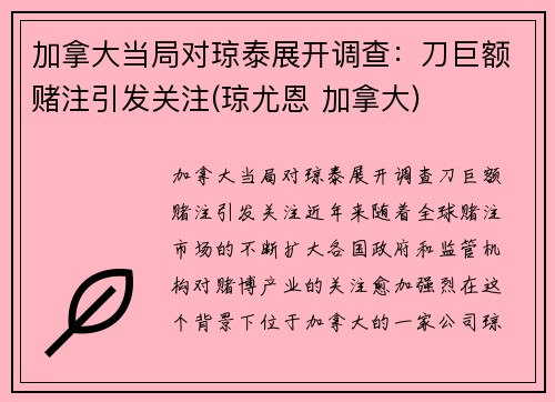 加拿大当局对琼泰展开调查：刀巨额赌注引发关注(琼尤恩 加拿大)