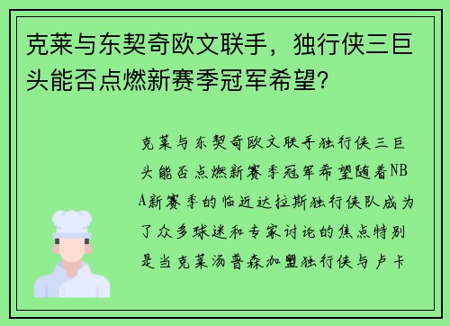 克莱与东契奇欧文联手，独行侠三巨头能否点燃新赛季冠军希望？