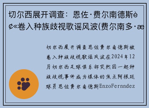 切尔西展开调查：恩佐·费尔南德斯被卷入种族歧视歌谣风波(费尔南多·恩里克)