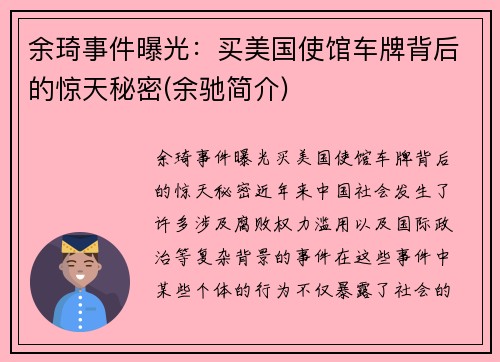 余琦事件曝光：买美国使馆车牌背后的惊天秘密(余驰简介)