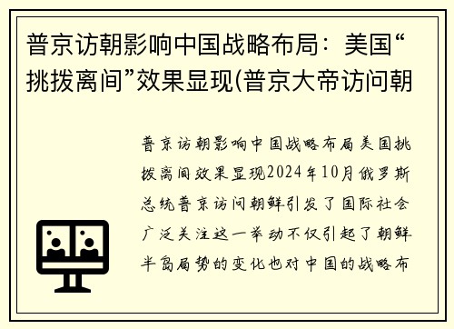 普京访朝影响中国战略布局：美国“挑拨离间”效果显现(普京大帝访问朝鲜)