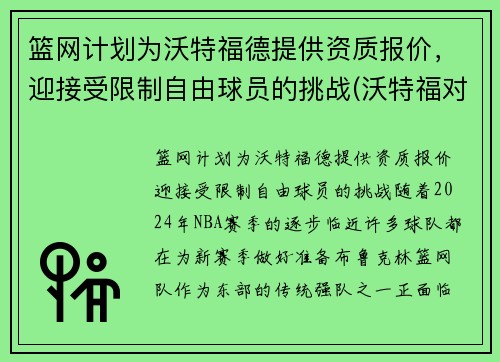 篮网计划为沃特福德提供资质报价，迎接受限制自由球员的挑战(沃特福对狼队)